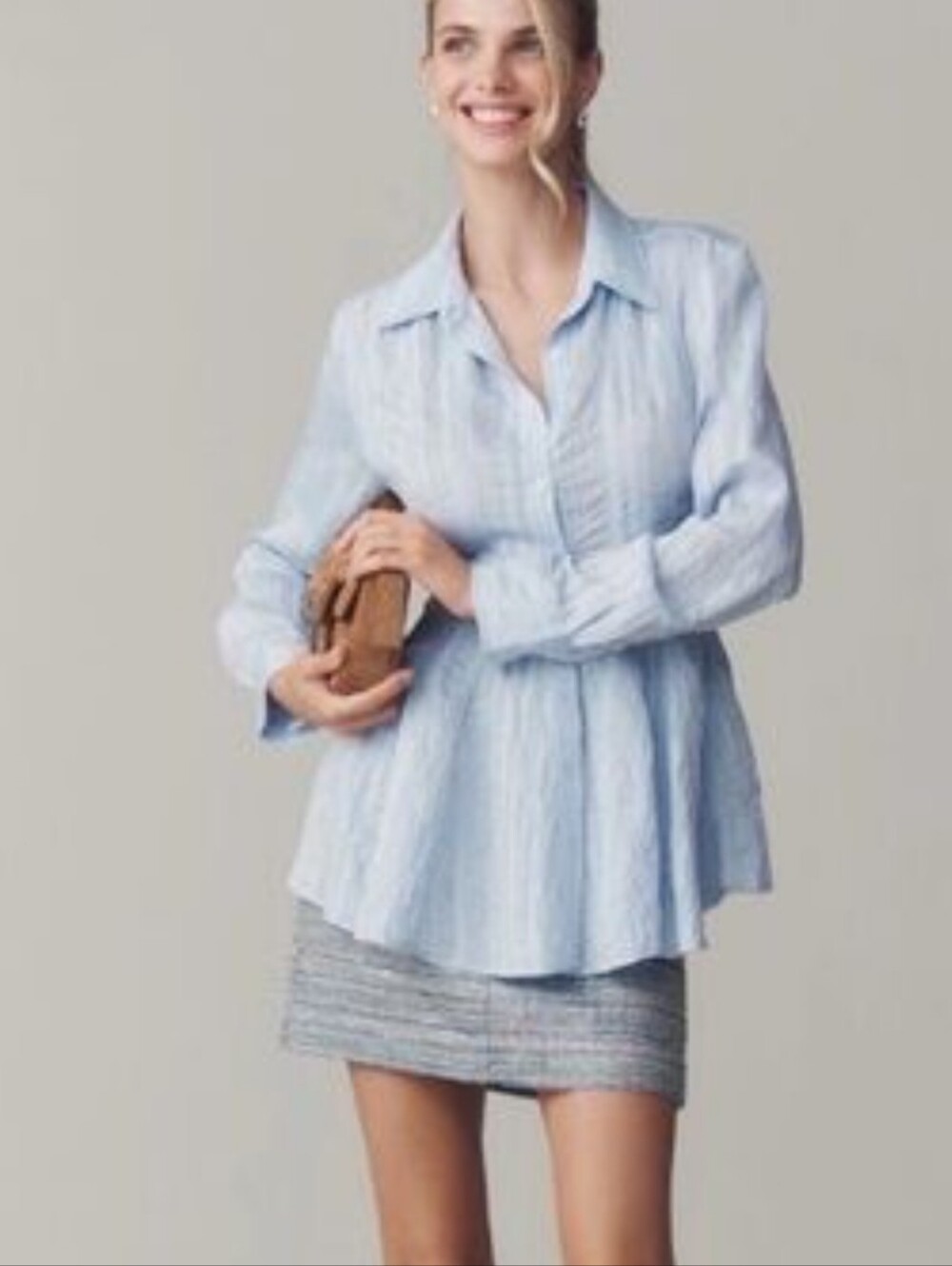 New blue Maeve long-sleeve waisted buttondown shirt from Anthropologie